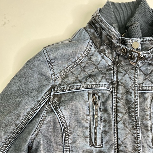 POINT ZERO Blue Acid Washed Vegan Leather Quilted Moto Style Collar Jacket Coat - Picture 6 of 15